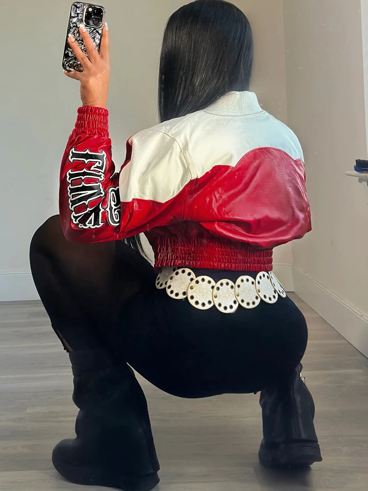 Giacca corta con stampa di lettere uniformi Nibber Donna PU Patchwork Manica intera Cardigan monopetto Cappotto skinny monopetto