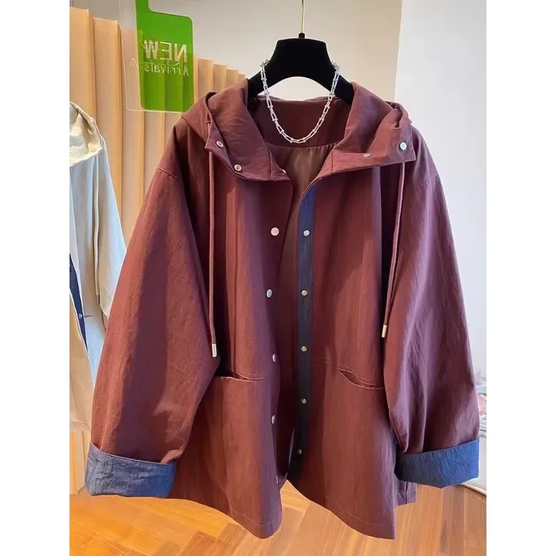 SuperAen Solid Color Red Design Hooded Trench Coats Women's Spring and Autumn 2025 New Loose Mid-length Casual Coats