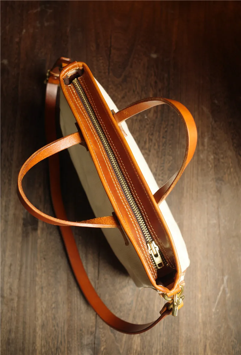 Vintage high-quality heavy canvas first layer cowhide men's laptop handbag outdoor casual handmade leather shoulder postman bag