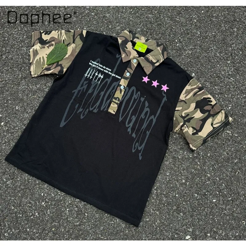 2026 Summer Fashion Vintage Trendy Camouflage Splicing Polo Collar Short-sleeved T-shirt Men's Loose Versatile Casual Tops Tees