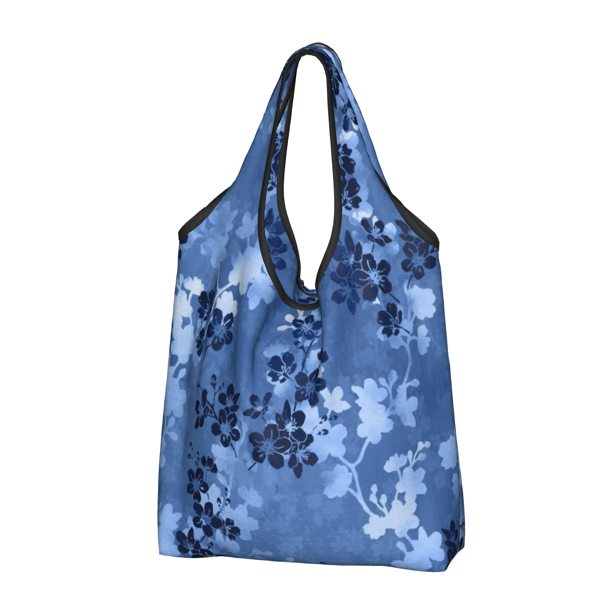 Cute Sakura Cherry Blossom in Blue Shopping Tote Bags Portable Japanese Flowers Floral Pattern Grocery Shoulder Shopper Bag