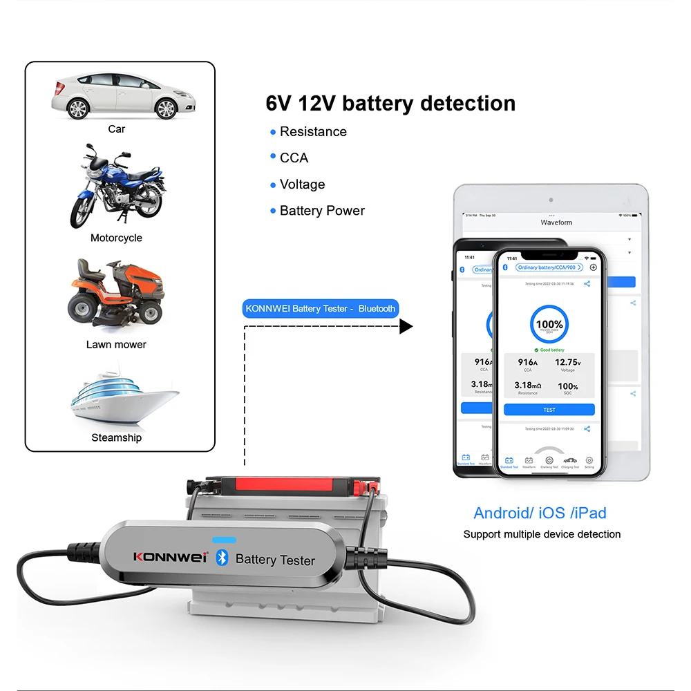 BK100 Bluetooth 5.0 Car Motorcycle Battery Tester 6V 12V Battery Monitor 100 to 2000 CCA Charging Cranking Car Test Tools