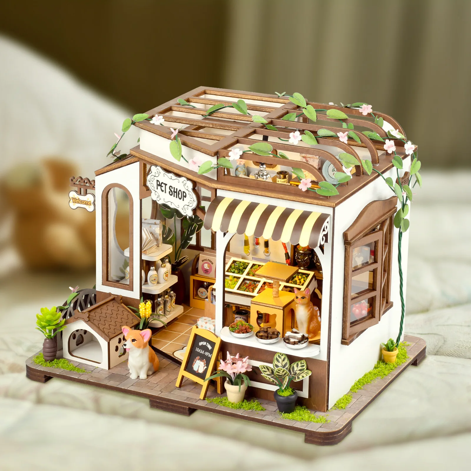 DIY Wooden Miniature Model Kit Pet Shop Cottage 3D Puzzle Building Dollhouse With Furniture Lights Home Decor for Friends Gifts