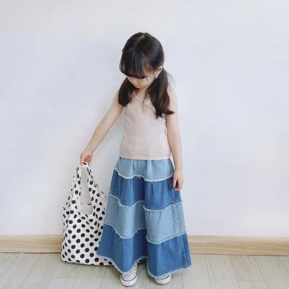 Children's Skirts For Girl Summer 2024 Girls' Skirt High Waist Midi Long Length Patchwork Denim Skirts Blue Teen Clothes