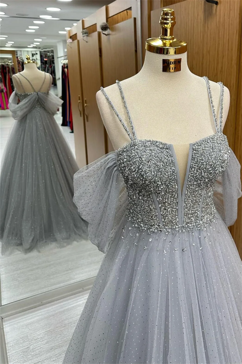 Amanda Gray Glitter Formal Occasion Evening Beaded Tulle A-line vestidos de fiesta Elegant Sleeveless Floor-Length Porm Dresses