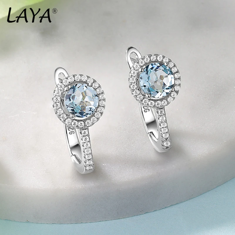 LAYA 100% 925 Sterling Silver Round Brilliant Cut Gemstone Natural Amethyst Earrings For Women Wedding Engagement Fine Jewelry