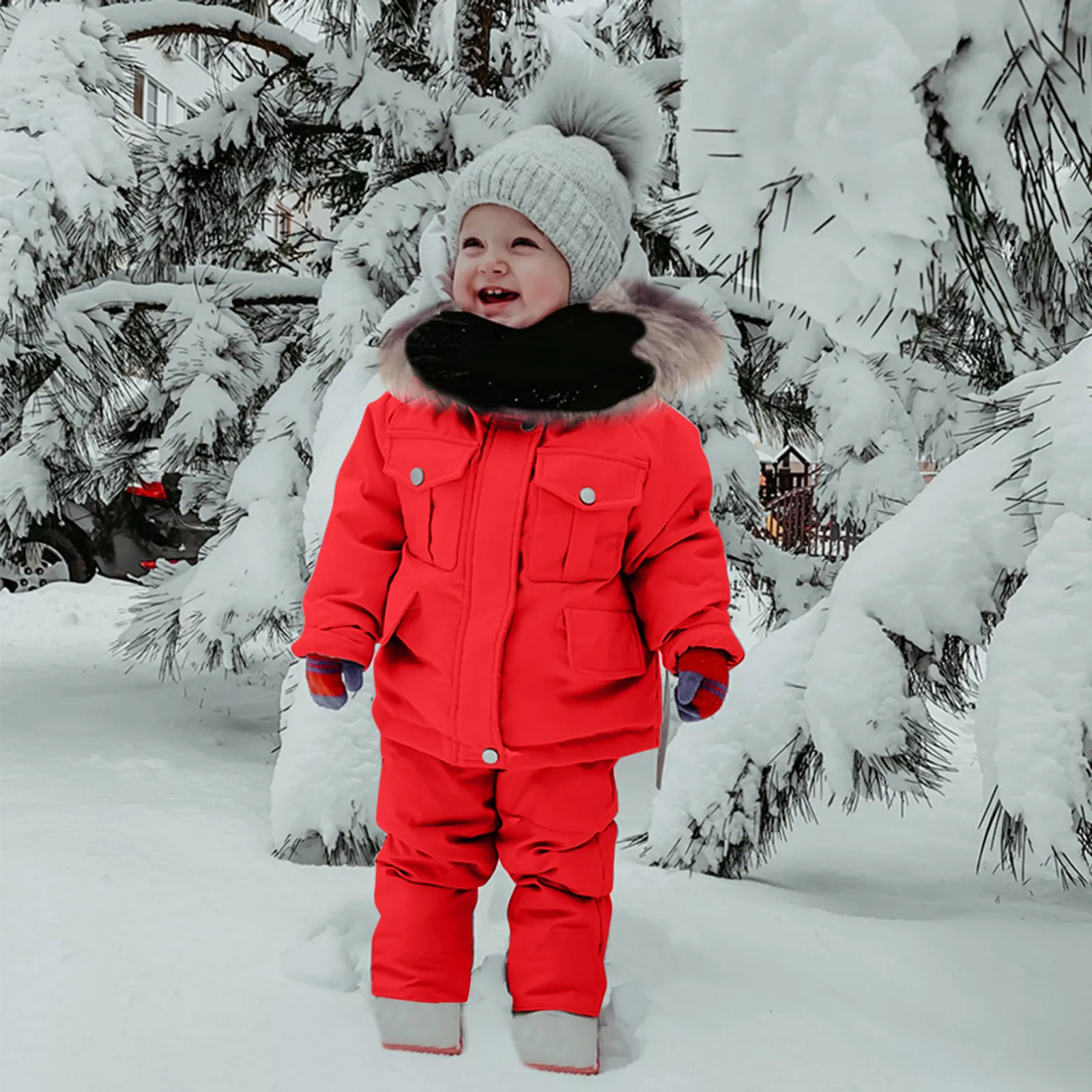 

2pcs Children Clothing Set Baby Toddler Girl Clothes Winter Down Jacket + Jumpsuit Thicken Warm Fur Collar Infant Snowsuit 0-5Y