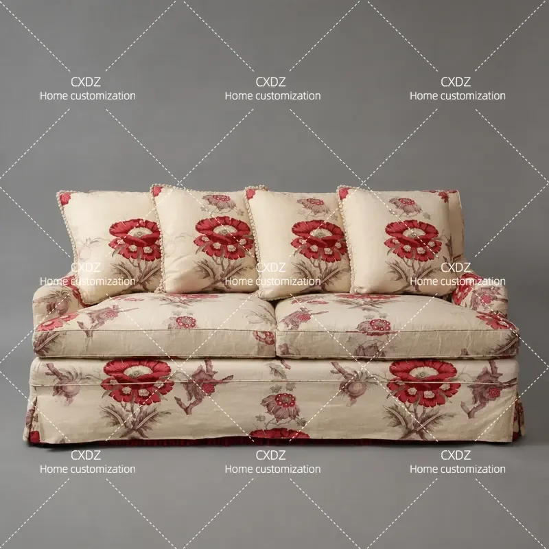 Vintage Floral Print Fabric Sofa Double Seat Beige Red Pastoral Style Living Room Furniture Comfortable Couch for Home Decor