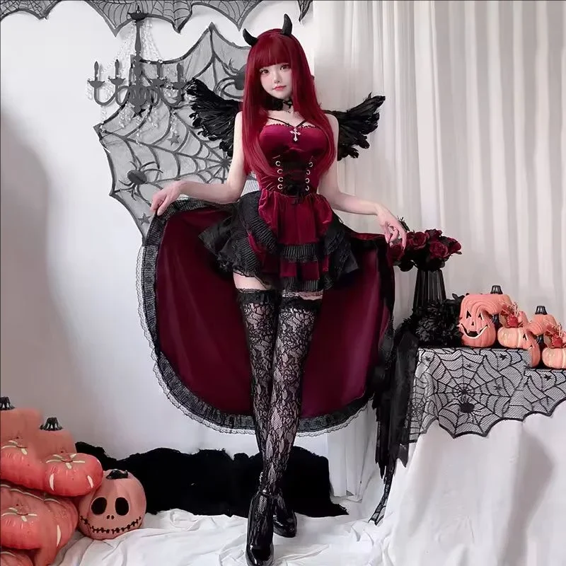 Vestido de novia vampiro de estilo gótico victoriano y estética Y2K para mujer, disfraz de bruja con cola larga de inspiración japonesa, ideal para fiestas de Halloween.