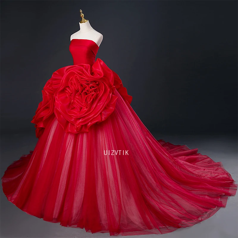 Robe de soirée longue rouge luxueuse pour femmes, motif Floral 3D, classique, sans bretelles, robe de bal élégante avec traîne Court, robe de Gala de célébrité