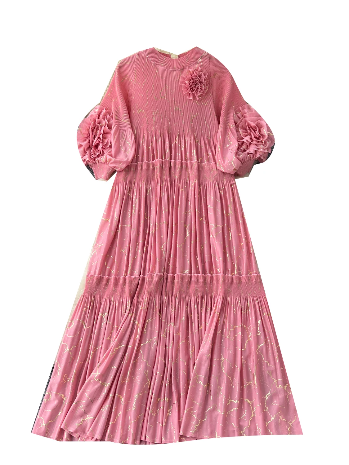 Rétro plissé Dr femmes automne Faion taille haute lanterne Sve jupe longue t-shirt fleur dimensionnelle embelli coupe ample