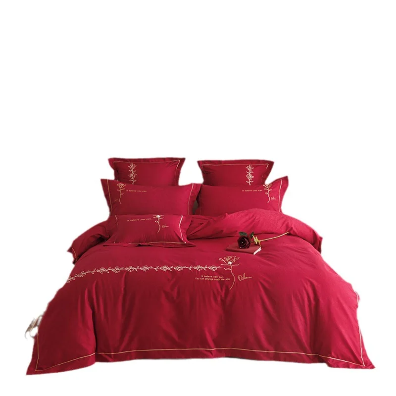 Simple Solid Red 100 Thread Count Long Staple Cotton Rose Embroidery Four Piece Set of All Cotton Bedding