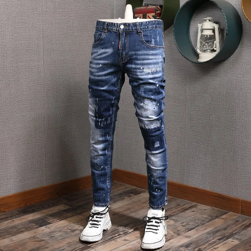 Fashionable new men's jeans, washed with water, nostalgic stretch, slim fit, blue jeans, designer straight leg pants, Y2K