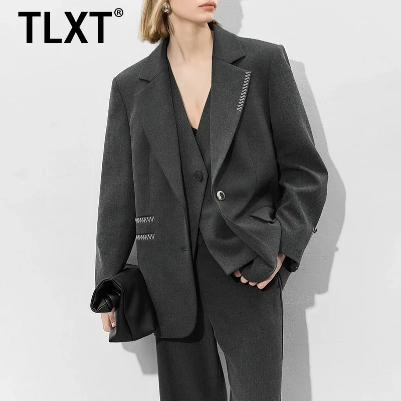 

TLXT модные женские элегантные темно-серые пиджаки с вышивкой, элегантные куртки на одной пуговице, офисные женские пальто, новинка осени 2023 г.