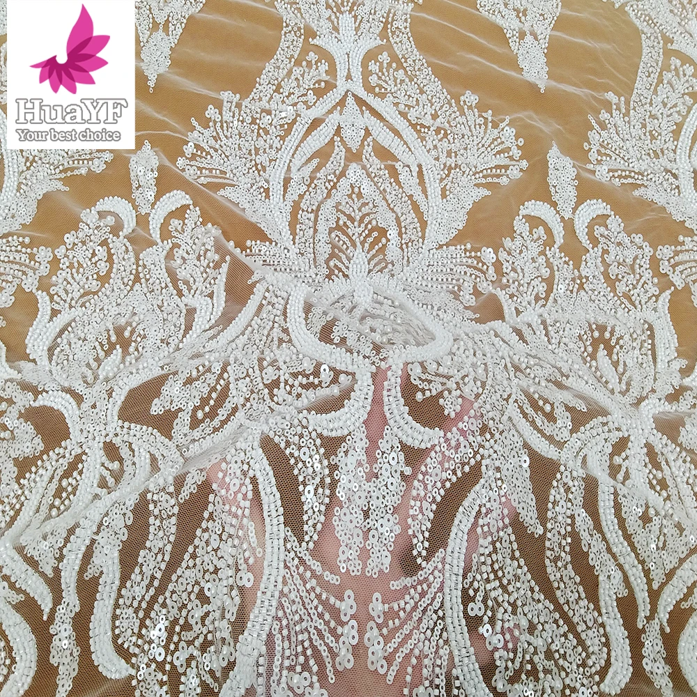

High-end white pearl beads lace fabric elegant bridal wedding dress 3d design lace 5 Yards HY2615