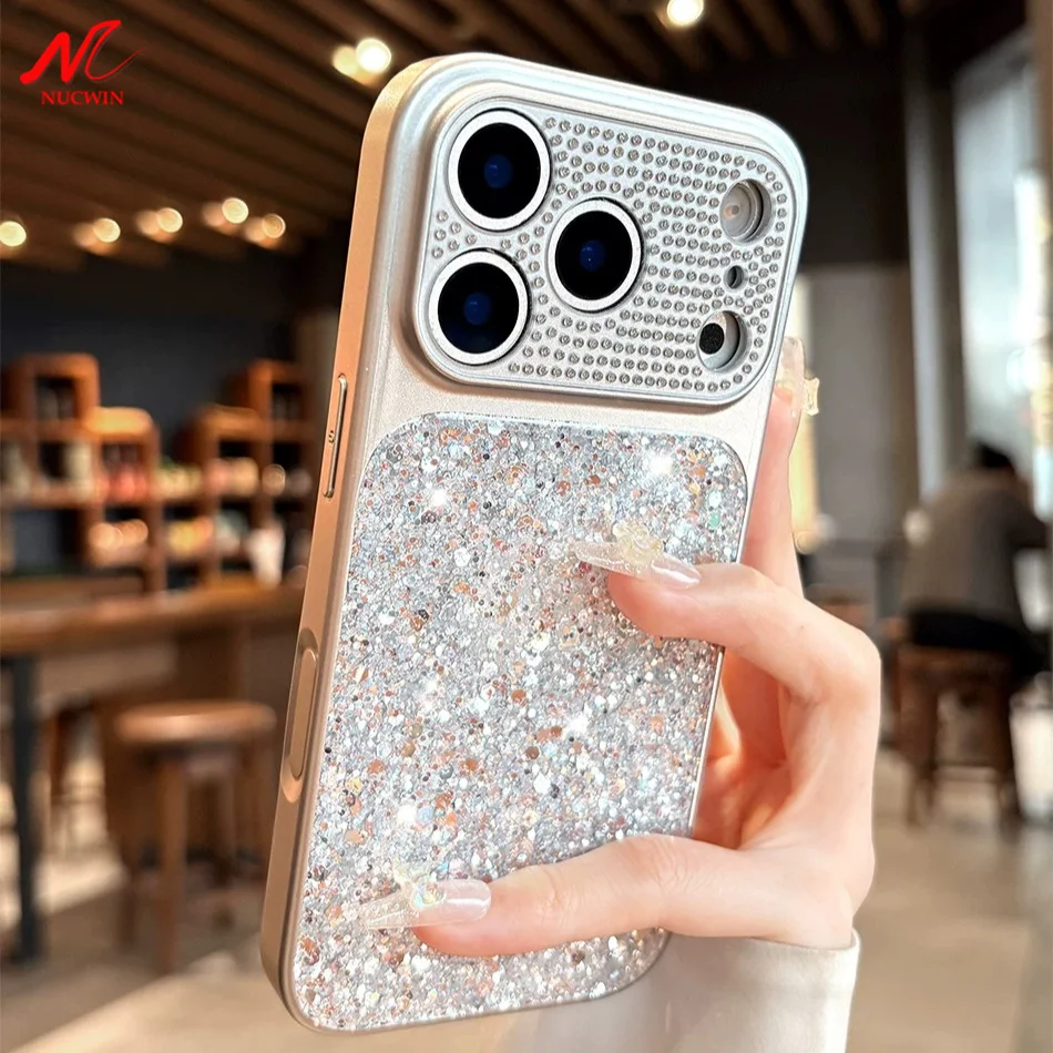 Luxuriöse Bling-Diamant-Kameraschutzhülle aus Vollsilber für iPhone 17 16 15 14 13 Pro Max, stoßfeste, plattierte Hülle für Mädchen und Frauen
