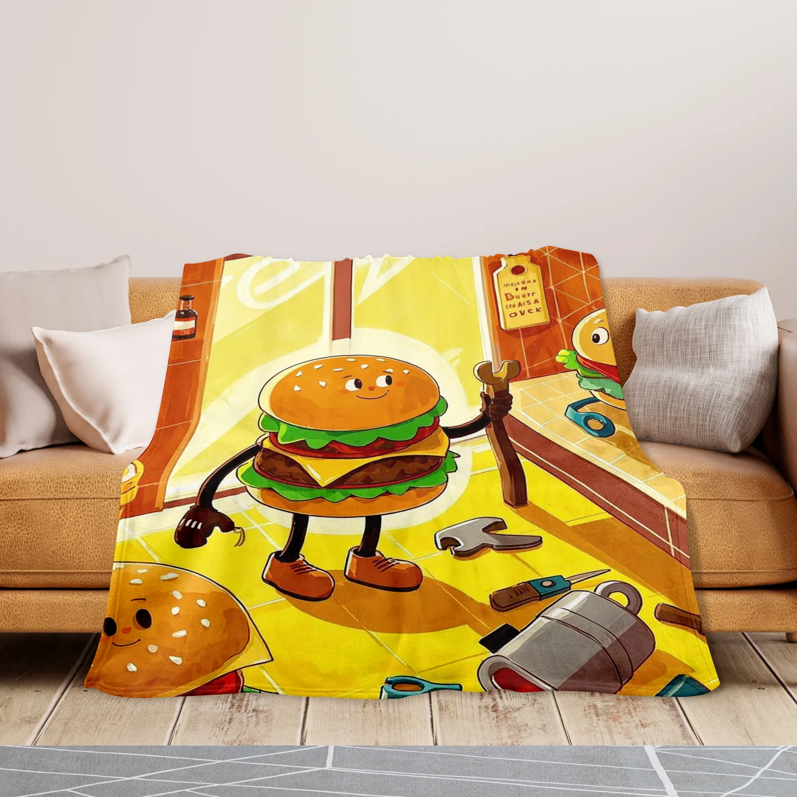 Żółty hamburger Ilustracja Klucz do butów Przytulny koc dla dzieci i dorosłych Unikalny pomysł na prezent Wystrój domu Ciepły rzut