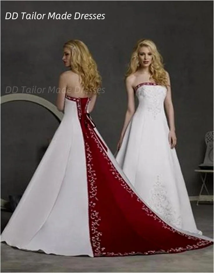 Abito da sposa ricamato Abito da sposa senza spalline a trapezio in raso bianco e bordeaux Abiti formali con lacci sul retro personalizzati