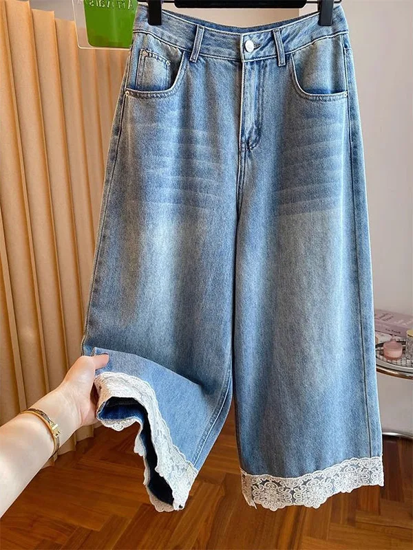 

Джинсы унисекс с высокой талией, широкими штанинами и кружевными вставками, повседневные, стройнящие, больших размеров, 300 Pou, осенне-весенние, модные, свободного кроя