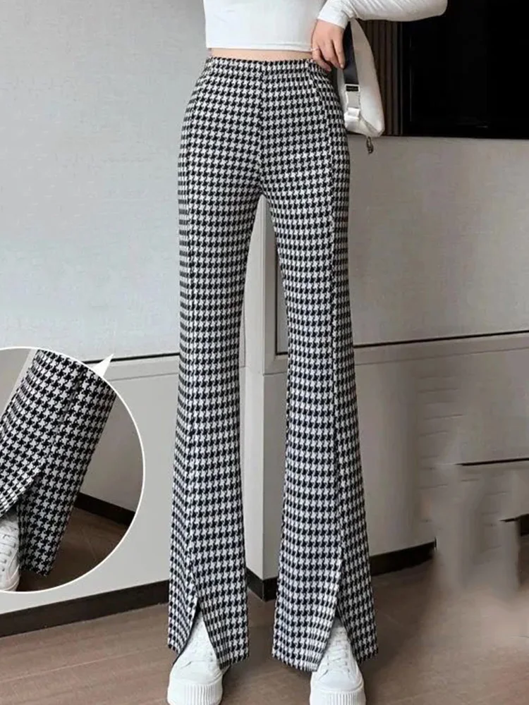 Summer Split Wide Leg Trousers Casual Pants Women Houndstooth Print Loose Elastic High Waist Oversize Elegant Ladies