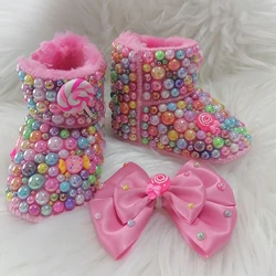 Handmade Bow Hairband Rhinestones Baby Girl Snow Boots Winter Shoes Comb First Walker Sparkle Bling Crystal Princess Shower Gift