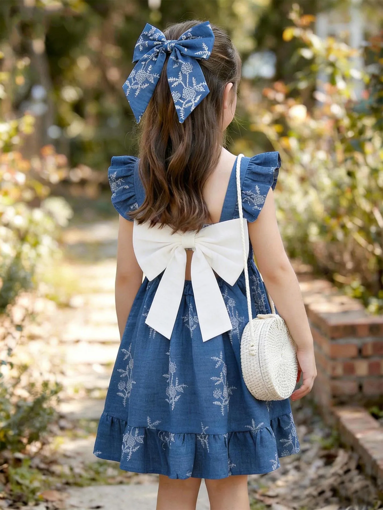 Girls Knee-Length Summer Dress with Detachable Bows And Hollow-Out Back - All-Over Print Beach Vacation Clothing for Kids