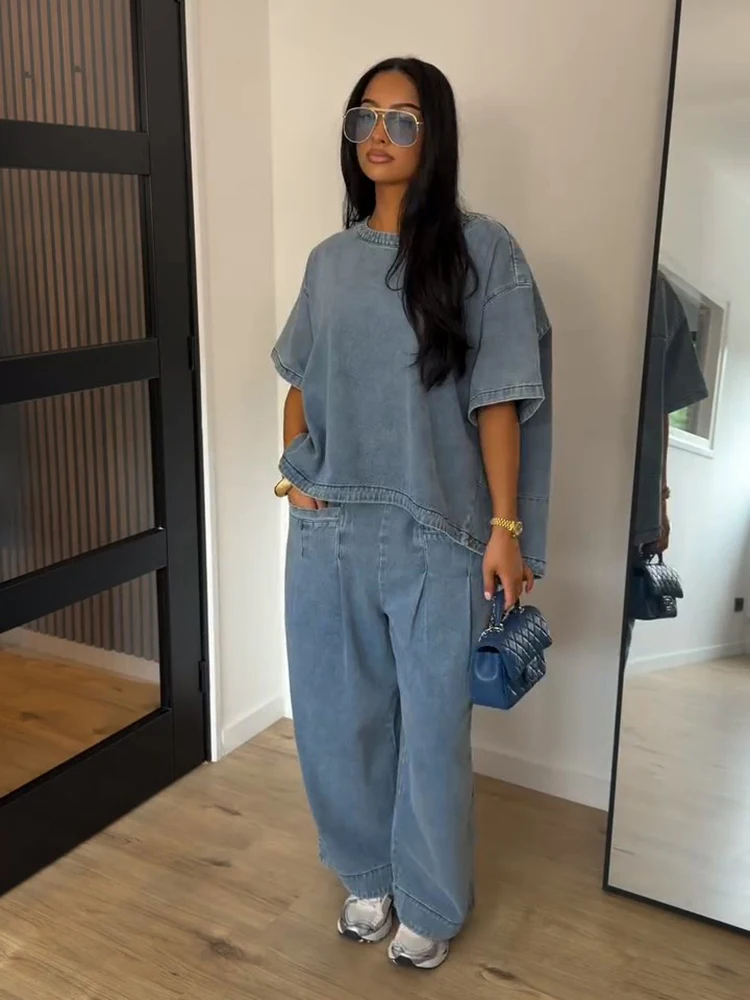 Denim-Übergrößen-Oberteil und Hosen-Set für Damen, Street-Style O-Ausschnitt Kurzarm mit Unregelmäßigem Saum, Lockere Oberteile und Weite Hosen, Schicke Damen-Outfits – Detail 11