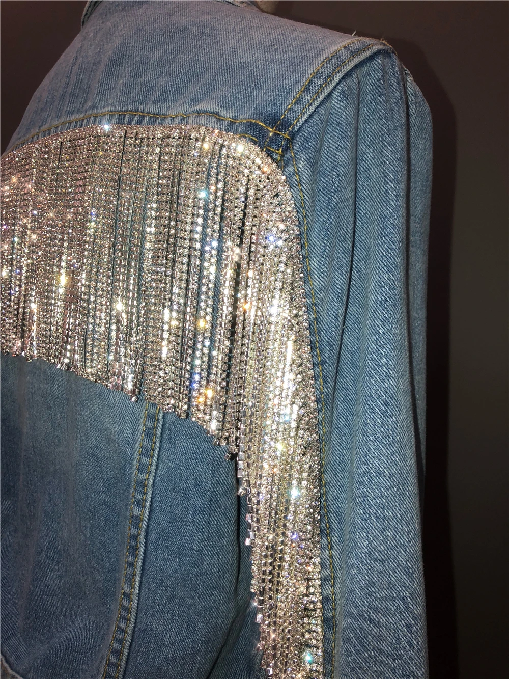 New Bling Rhinestone Tassel Chain Short Denim Jacket Woman Slim Blue Lapel Denim Jackets Ladies Jean Coat Chaqueta Mujer