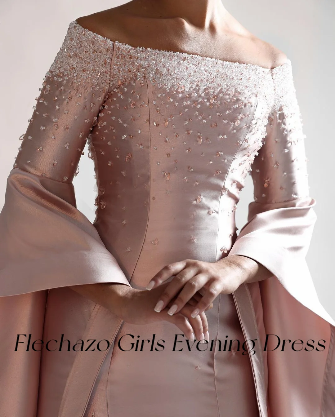 Flechazo Pink Satin Prom Dresses Boat Neck Beading Full Sleeve Mermaid Formal Occasion Dress For Women 2024 فساتين سهره فاخره