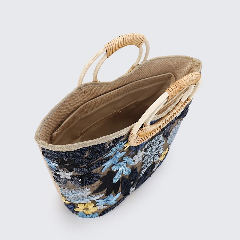 Fashion Flower Sequins Embroidery Large Tote Bag Round Rattan Handle Women Handbag Casual Summer Beach Bags for Vacation&holiday