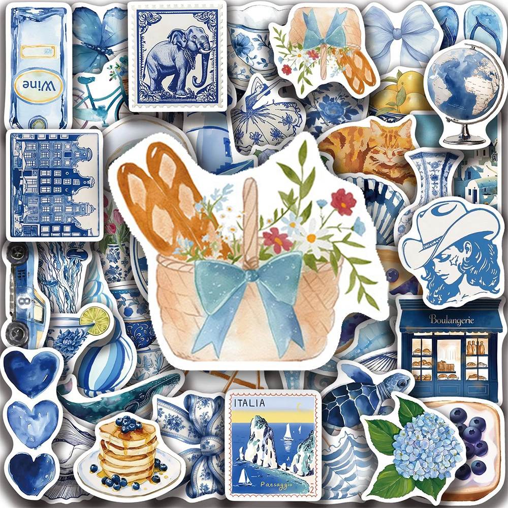 

10/30/50pcs INS Style Blue Coastal Life Cartoon Stickers Aesthetic Art Decals for Suitcase Phone Notebook DIY Waterproof Sticker