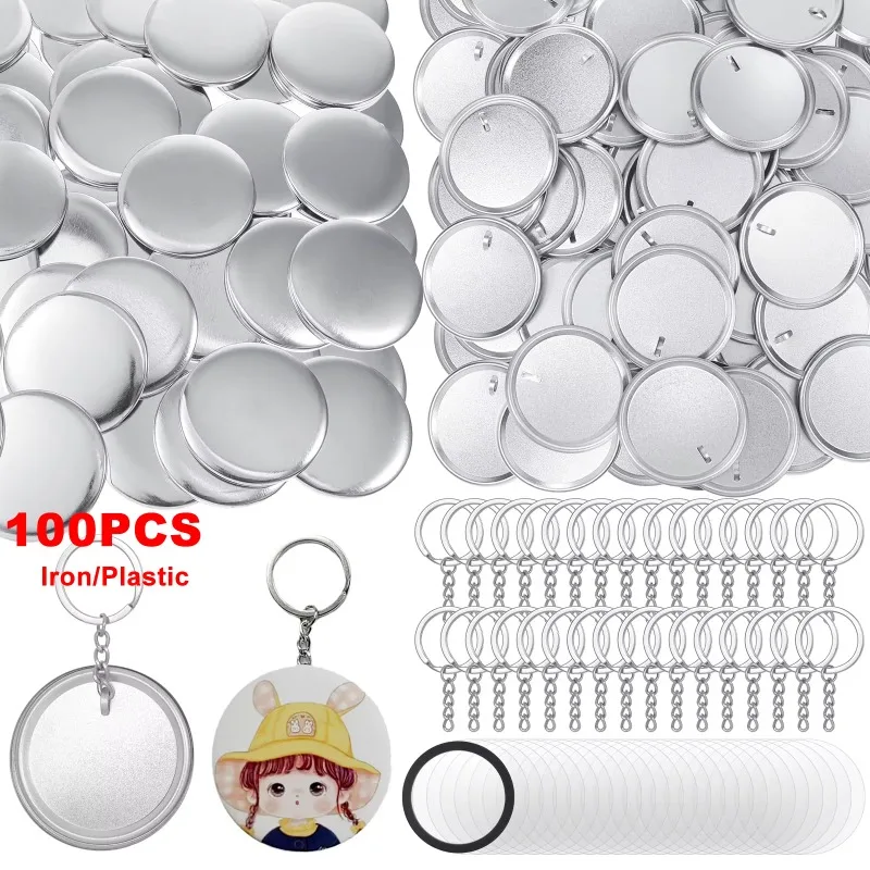 100 Sets 58 Mm/ 44 Mm Button Maker Keychains Supplies Metal Button Badge for Maker Machine DIY Gifts Metal /Plastic Base