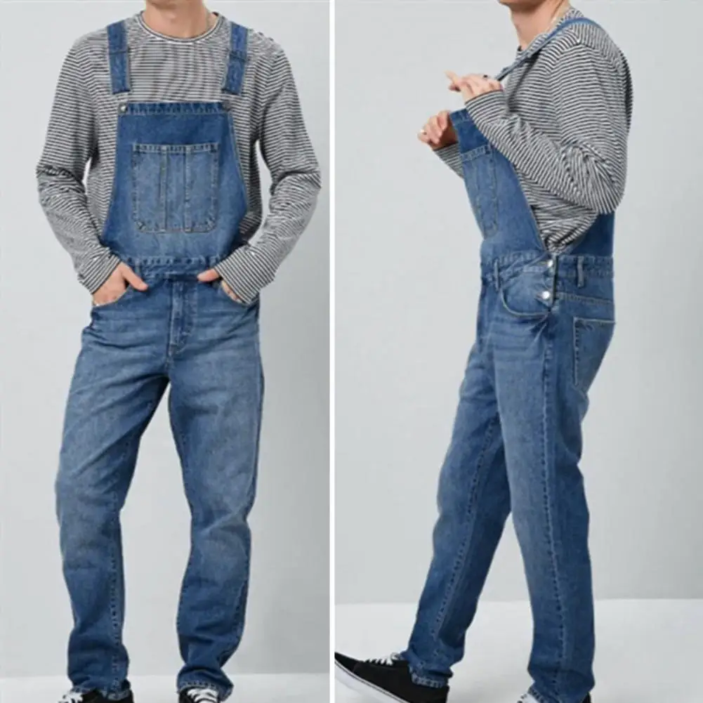 Stylish Men Overalls Men's Soft Breathable Denim Jumpsuit with Suspender Long Pants Non-fading Solid Color for Comfortable