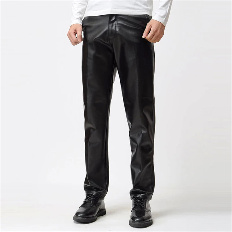 Hot Sale Man Leather Moto Pants Spring Winter Men Slim Pu Leather Trousers High Elastic Man Motorcycle Pants Street Pu Trouser