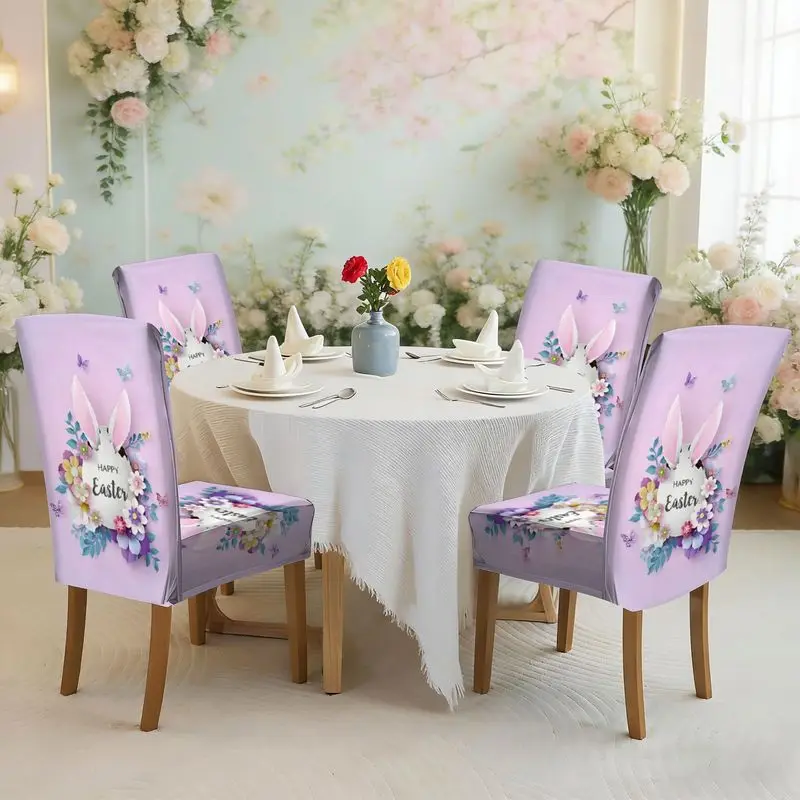 

Набор чехлов для обеденных стульев с плоским принтом, тематика Пасхи, узор с яйцами, кроликами, цветами и бабочками, чехол для стула.