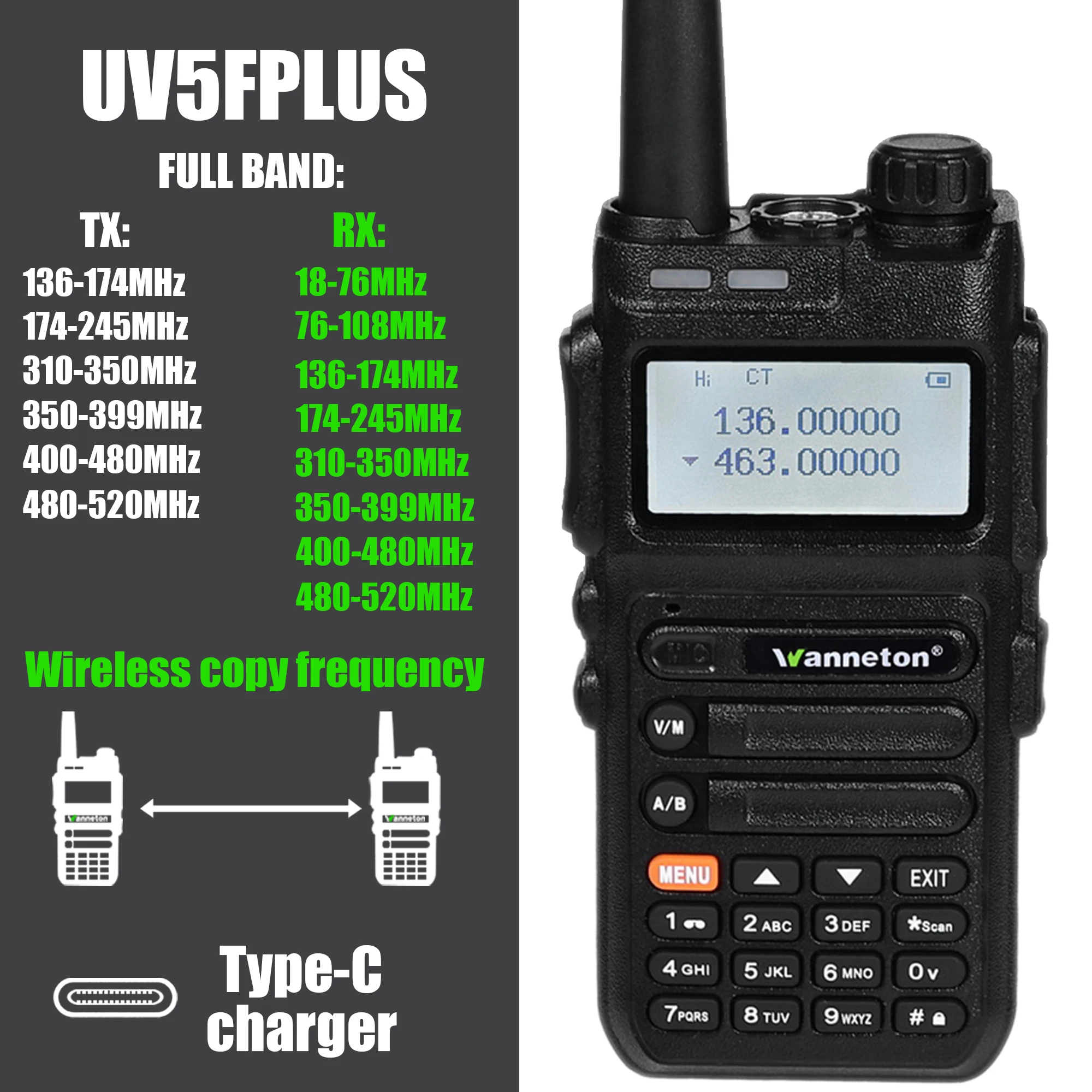 Wanneton UV5FPLUS Full Band 18-520MHz Walkie Talkie  5W Copy Frequency Function Two Way Radio Handheld Transceiver