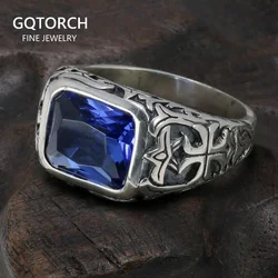 Real Pure 925 Sterling Silver Rings For Men Blue Natural Crystal Turquoise Stone Mens Ring Vintage Engraved Flower Fine Jewelry