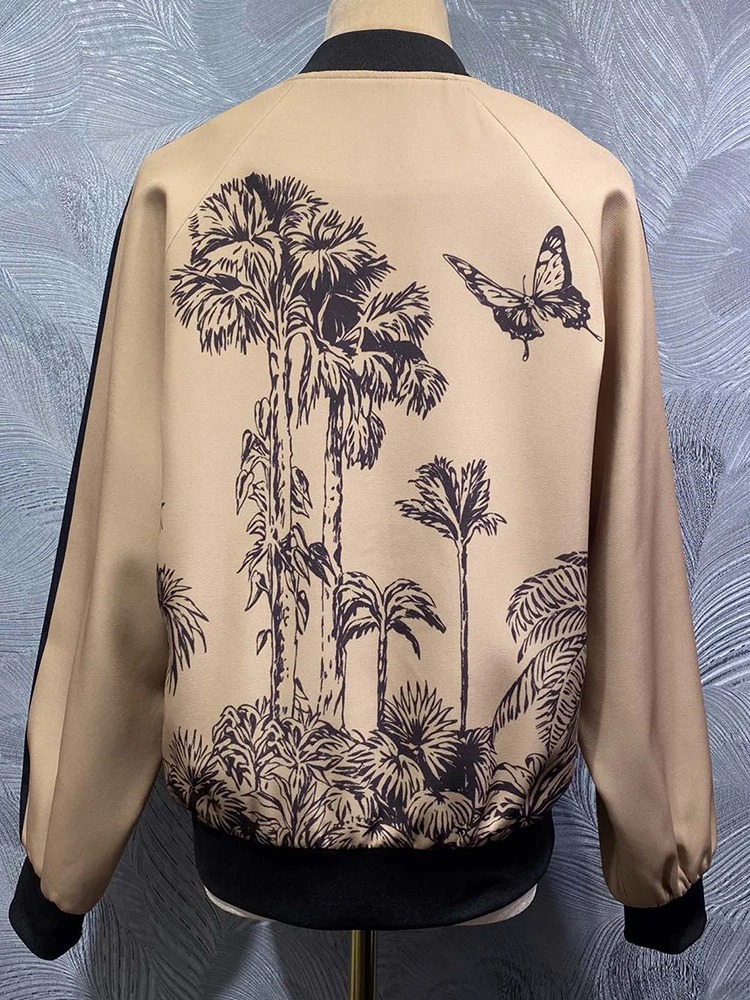 

DLDENGHAN Women's Stand Collar Long Sleeves Print Beading Zipper Streetwear Temperament Elegant Autumnal Jackets for