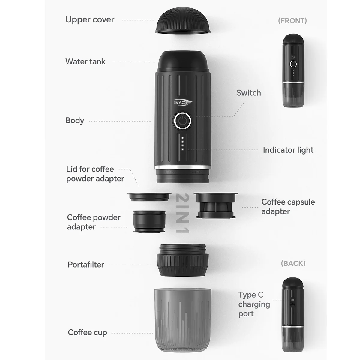 

IKAPE Portable Electric Coffee Maker For Travel Espresso Machine Fits Hot/Cold Water With Ground Coffee&Capsules Camping/Hiking