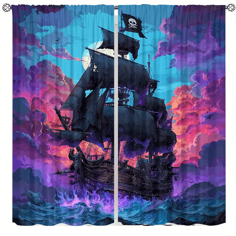 Pirate ship sailing curtains, installed using pocket rod method, suitable for bedrooms, living rooms, balconies, and decoration