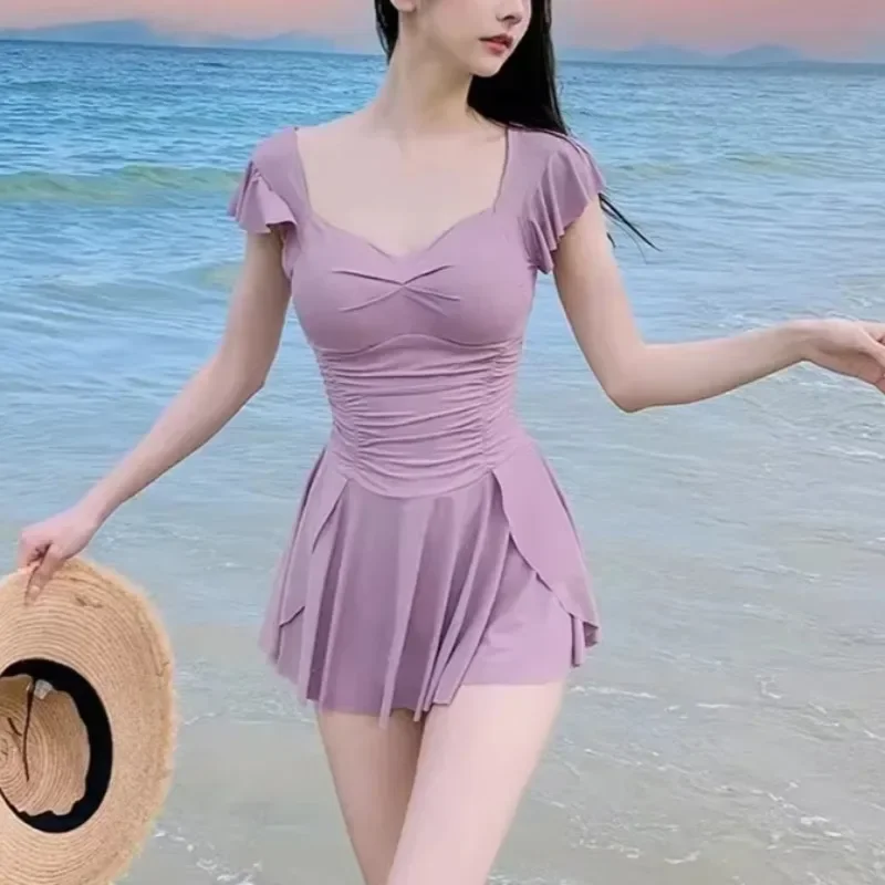 One-Piece Swimsuit Women Korean Conservative Dress Style Slimming High Waisted Swimwear Beach Holiday Bathing Suit