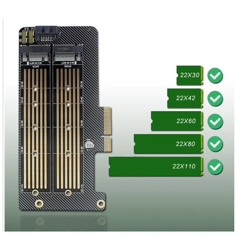 M.2 NGFF to Computer SATA Dual SSD PCI PCIe x4 x8 x16 NVMe Express Adapter Card Support Windows Mac Linux Support X4 X8 X16 Slot