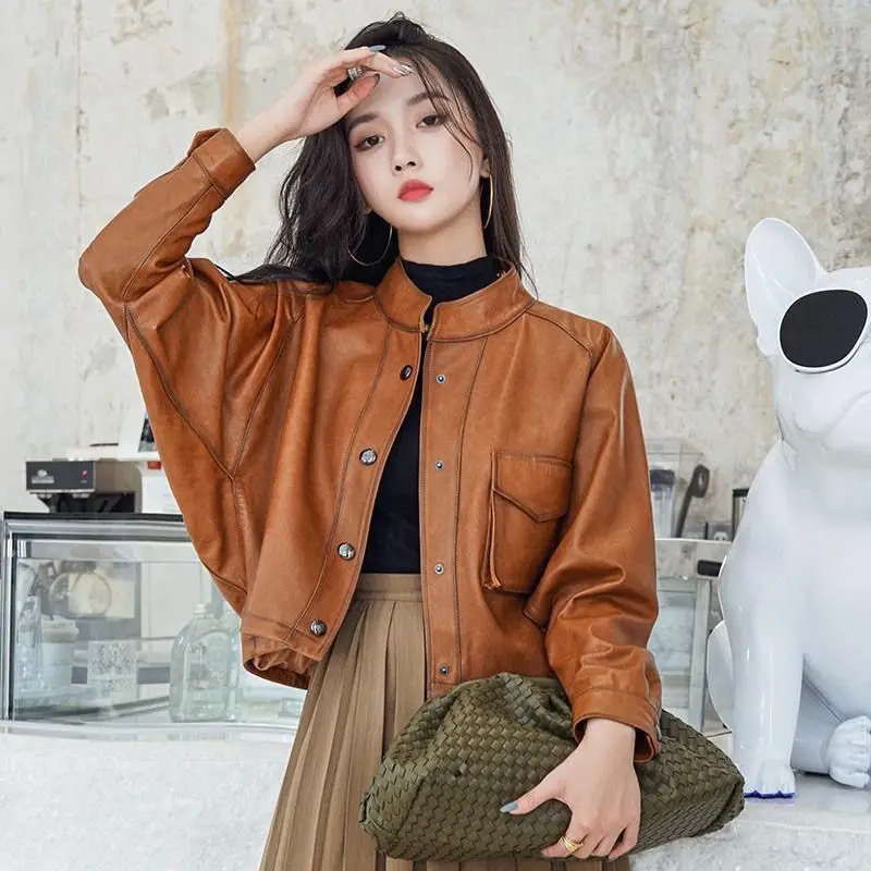 High-End Imitation Genuine Leather Coat Women\'s Short Locomotive Jacket  Spring Autumn Korean Bat Sleeve Soft Leather Outerwear