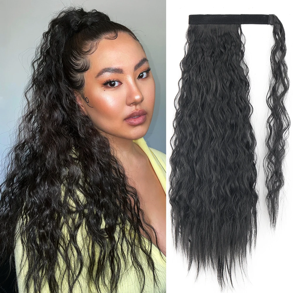 

Natural Synthetic Hair Extensions Corn Wavy Long Ponytail Hairpiece Wrap Around Clip On Black Brown Blonde Pony Tail Fake Hair