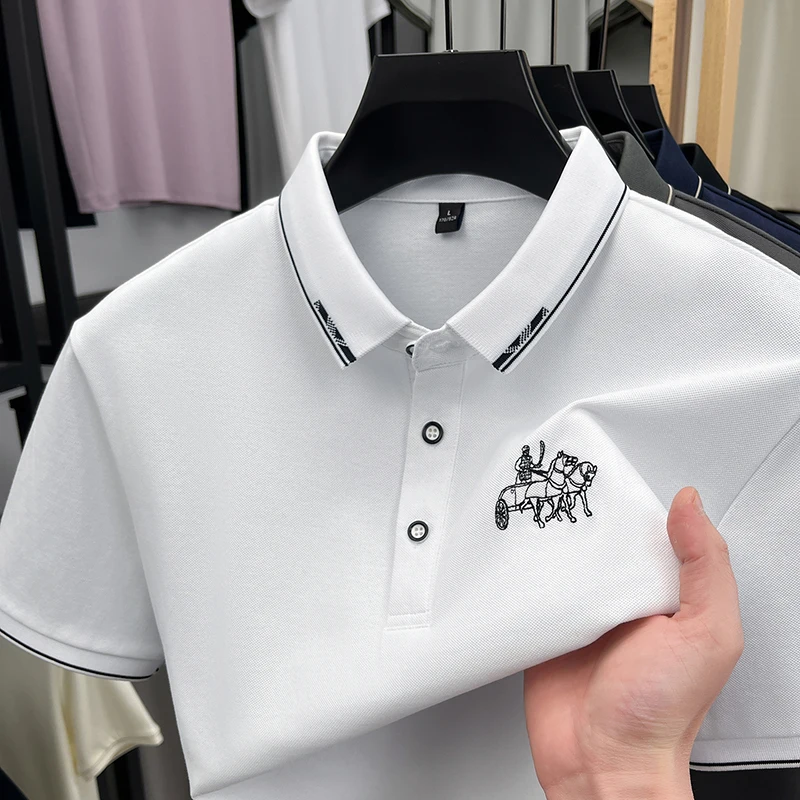 2026 New Arrival Men's Embroidered Polo Shirt Light Luxury Business Contrast Trim Slim Fit Breathable Short Sleeve Golf Top