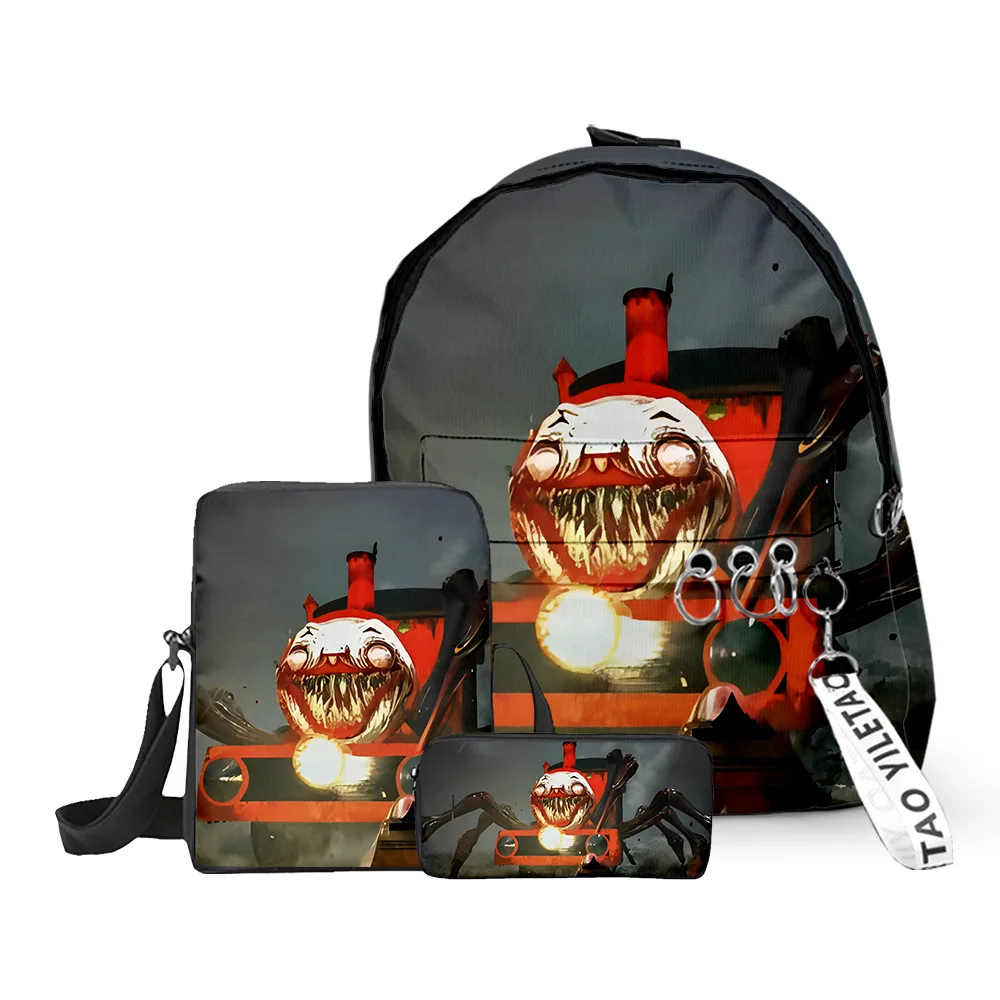 

Роскошный молодежный Choo-Choo Charles с 3D принтом, 3 шт./компл., детские сумки для школьников, брелок для ключей, небольшой рюкзак, сумка на плечо, пенал