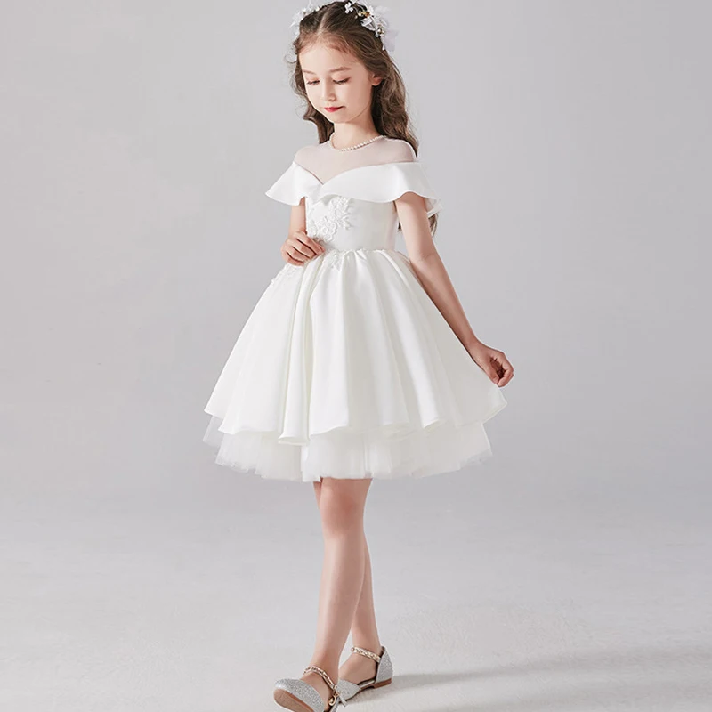 Flower Girls White Dress for Weddings Luxury Short Evening Gowns Children Pageant Elegant Birthday Party Formal Occasion Dresses