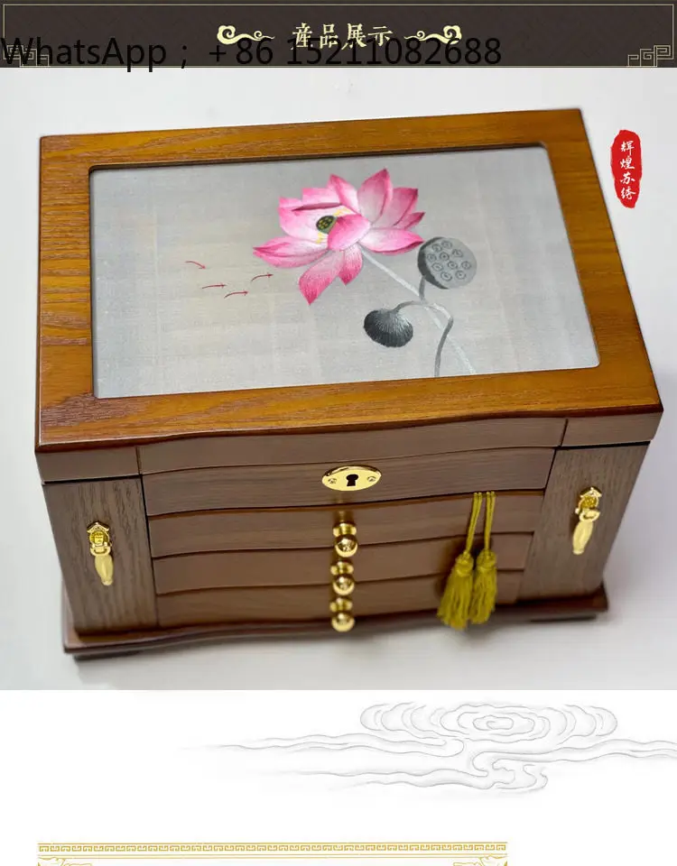 LLY Suzhou embroidery handmade double-sided embroidery jewelry storage box exquisite wooden jewelry box with lock wedding gift