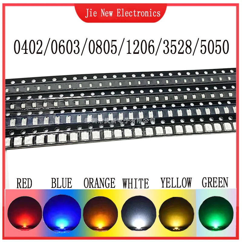 100 sztuk 0402 0603 0805 1206 3528 5050 SMD LED czerwony żółty zielony biały niebieski pomarańczowy dioda elektroluminescencyjna