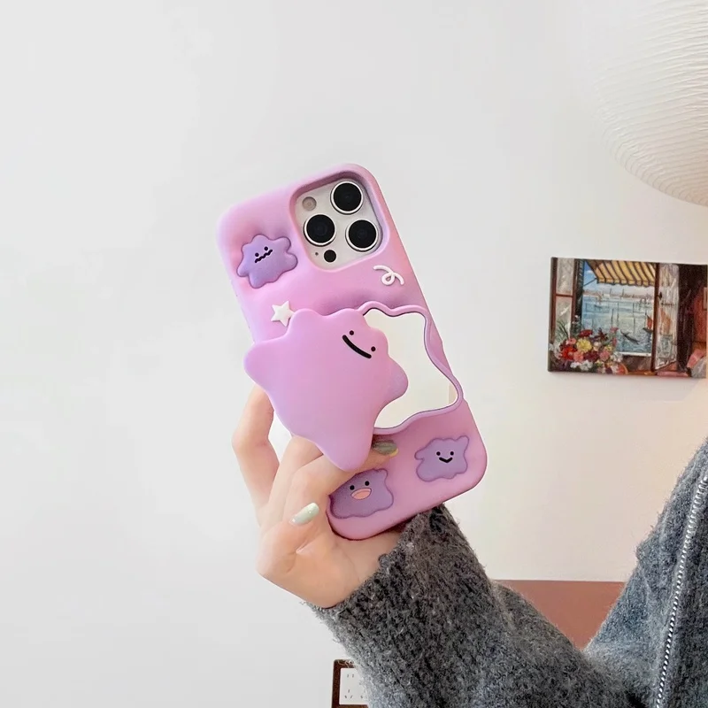 3D Kawaii Purple Ghost Cartoon Silicone Phone Case For iPhone 18promax 17 16 15 14 13 12 Pro Max Mirror Stand Holder Cover